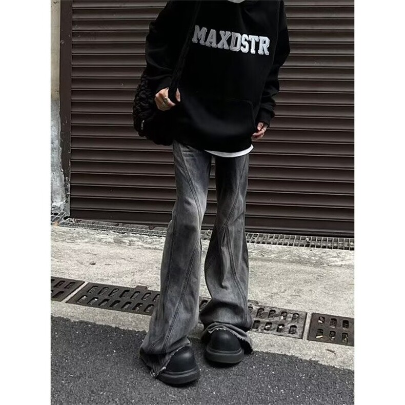 美式高街复古牛仔裤男春秋季新款设计感高质量黑灰色喇叭牛仔裤图片