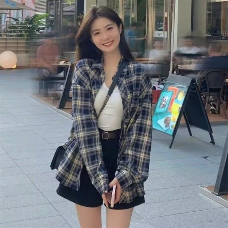 现货格子衬衣女新款港风休闲衬衫百搭长袖外套1008-82022-p35,男装衬衫,星座1008