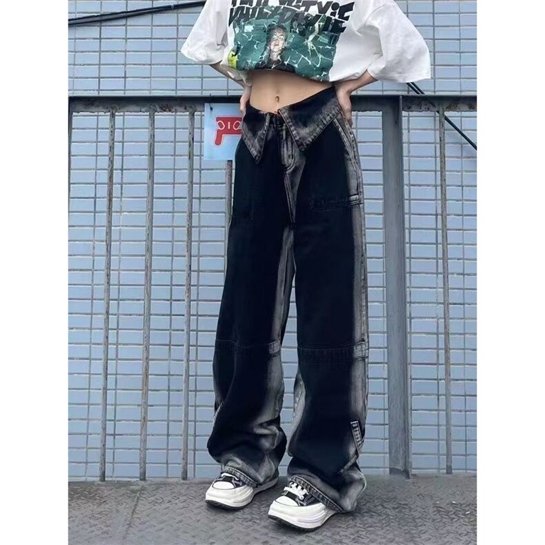 美式vibe高街翻边直筒牛仔裤夏设计感扎染渐变高腰宽松显瘦阔腿裤,男装牛仔裤,星座1210-1