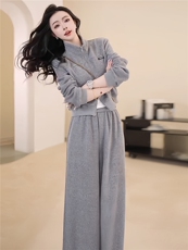 高级感休闲运动套装女秋季新款时尚减龄拉链开衫卫衣阔腿裤两件套，女装套装/套裙，江南