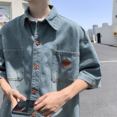 夏季新款牛仔短袖衬衫男外套日系薄款宽松休闲上衣，男装衬衫，星座410-7