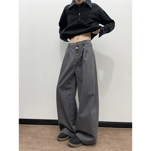 美拉德排扣设计休闲裤男复古vintage做旧工装裤秋痞帅宽松阔腿裤