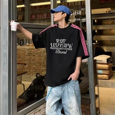 抖音得物品质二开240克宽松纯棉美式潮牌印花三条杠中性风短袖T恤，男装T恤，电商A486-1
