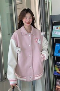 小众设计感立体撞色粉色棒球服女春秋季宽松多巴胺学院风可爱外套图片