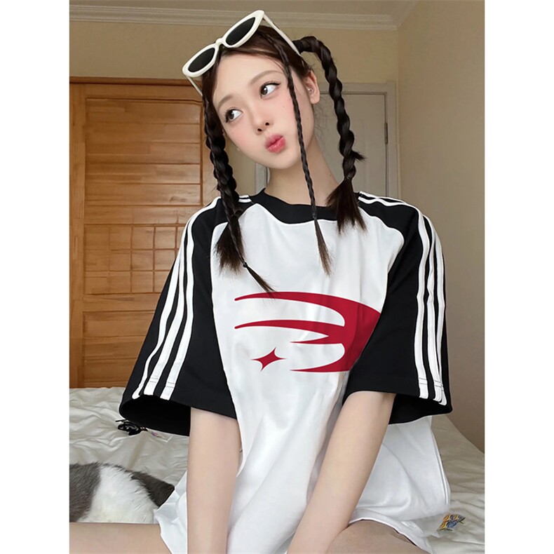 夏季美式高街重磅纯棉三条杠织带插肩撞色男女短袖T恤CZ36-特P25,男装T恤,电商A486