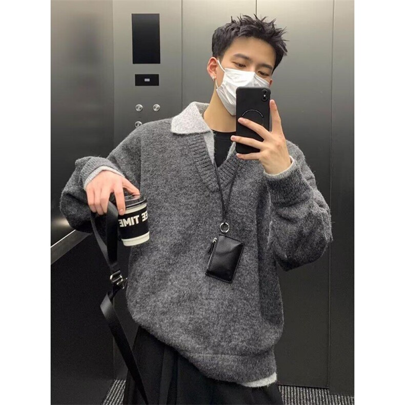 1014-1-KF5012-P68-美式复古假两件v领毛衣男款冬季翻领老钱风，男装针织衫/毛衣，星座1014-1