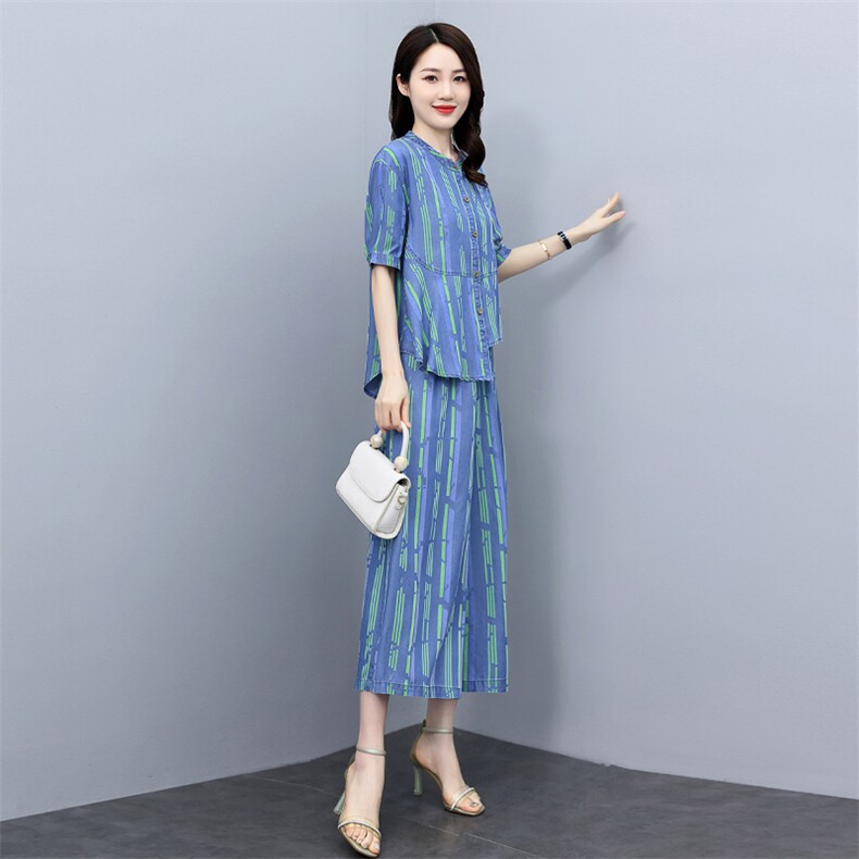 时髦洋气天丝牛仔套装女2025年夏装韩版条纹气质坠感阔腿裤两件套,女装套装/套裙,魅影