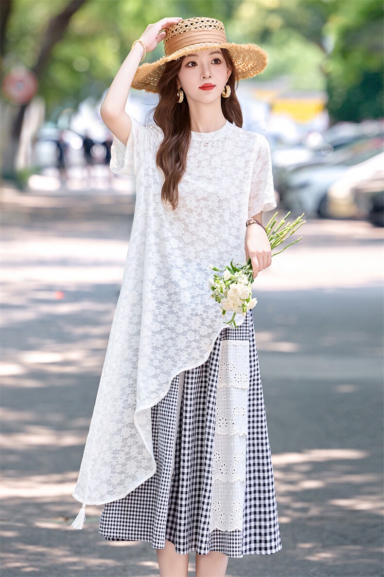2025夏新款韩系独特气质不规则中长蕾丝罩衫格子半身裙两件套女,女装套装/套裙,半夏