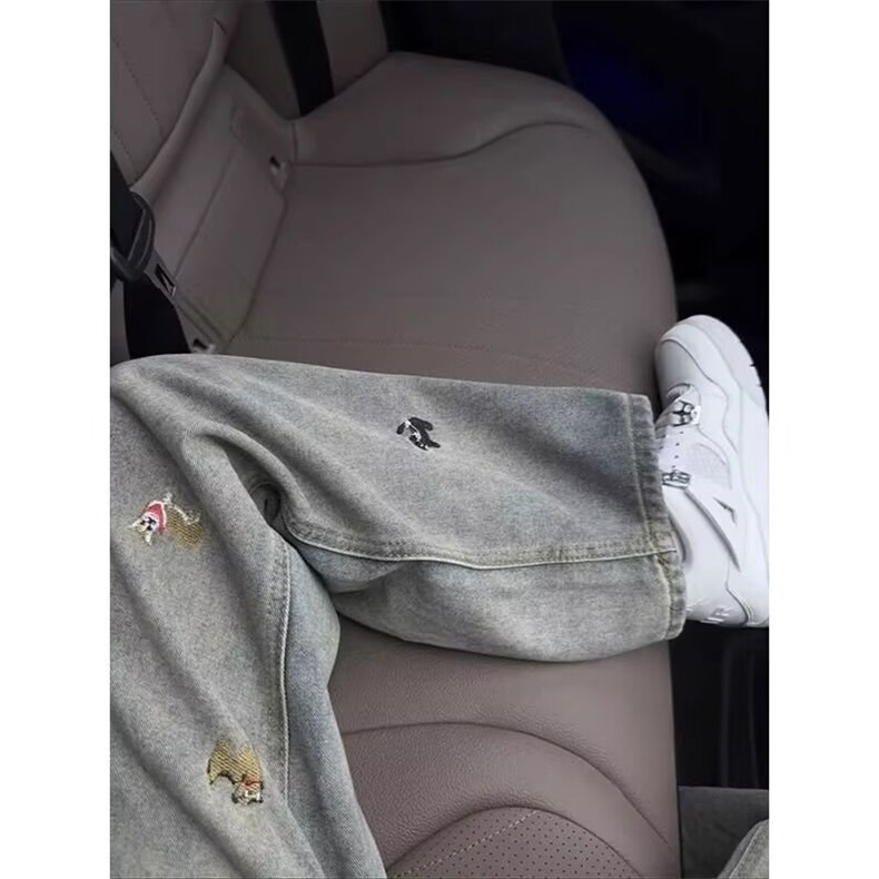 潮牌美式小狗刺绣水洗直筒牛仔裤男复古宽松阔腿拖地裤LHW099-p45,男装牛仔裤,星座1008
