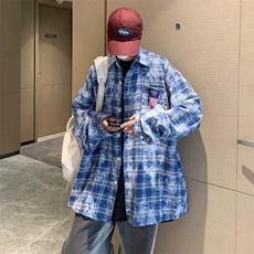 美式复古蓝色格子衬衫男女春秋宽松外搭情侣长袖衬衣WLC187-p45，男装衬衫，星座1008
