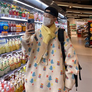 送围巾秋冬季提花毛衣男bf港风宽松针织衫情侣百搭外套 M213-P60图片