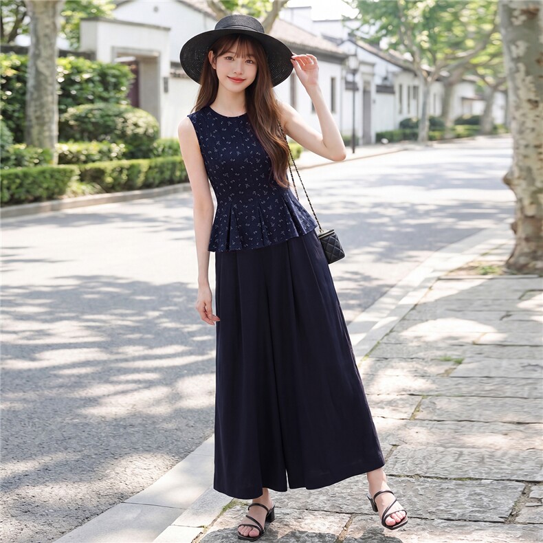 时尚无裙圆领小清新碎花小衫阔腿裤两件套气质优雅套装女,女装套装/套裙,水衣源