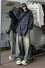 衬衣男2025春季新款港风宽松磨毛长袖格子衬衫CS530-P38(现货，男装衬衫，星座214-3