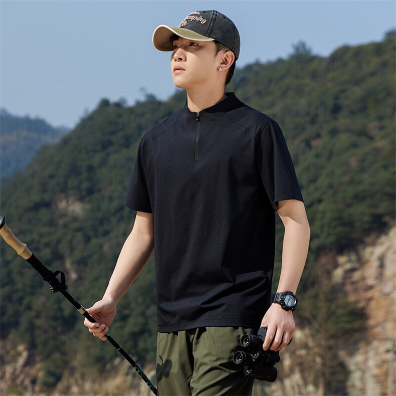 T835夏季男士圆领纯色速干运动半拉链短袖T恤P42模特图黑色，男装T恤，星座1615-1