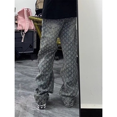 1506-1/KK66031/P42蓝提花满印牛仔裤男夏季潮牌设计感小众直筒裤，男装牛仔裤，星座1506-1