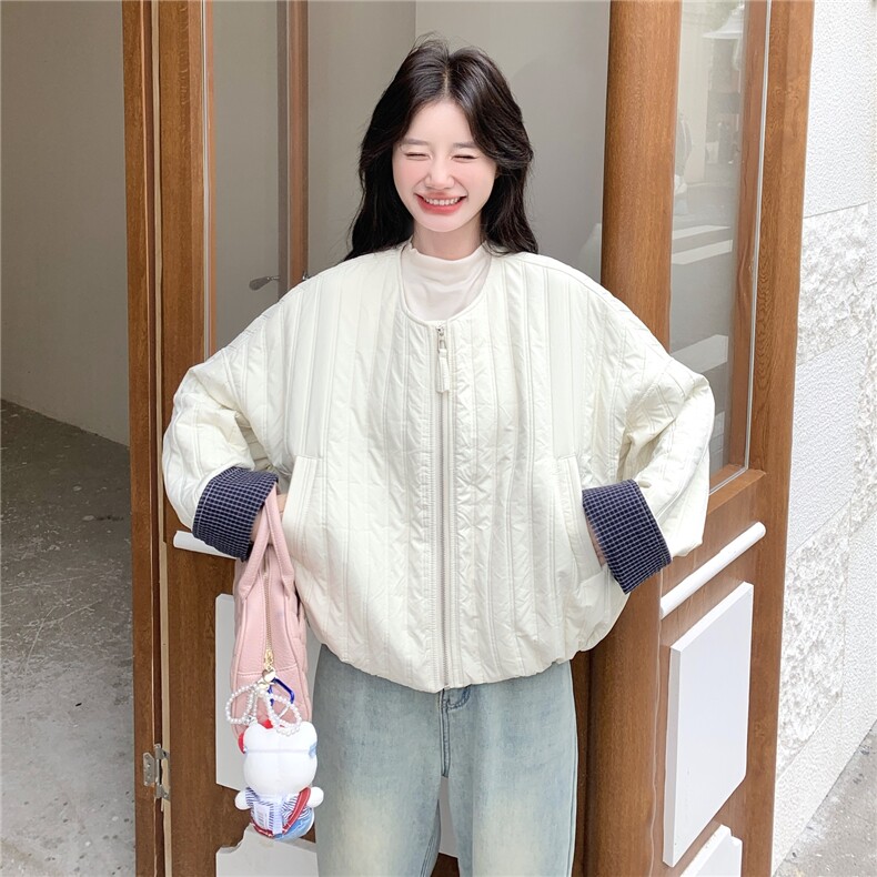 有货格子袖拼接薄款棉衣2C090-8947-P145-K218,女装棉衣/棉服,2C090