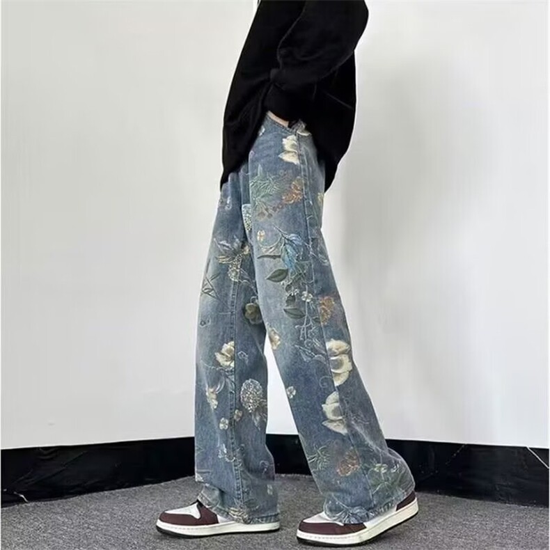 2026美式复古花卉满印水洗牛仔裤情侣宽松直筒拖地裤男女,男装牛仔裤,星座715-4