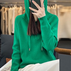 慵懒风安迪绒带帽毛衣女春秋打底衫宽松卫衣连帽针织衫内搭帽衫，女装针织衫/毛衣，大美人包芯纱店