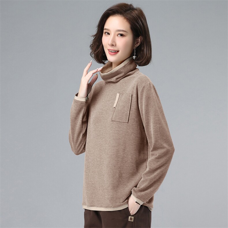 2021新款韩版高领拼色时尚休闲长袖宽松打底衫潮,女装大码女装,奕阳依阁