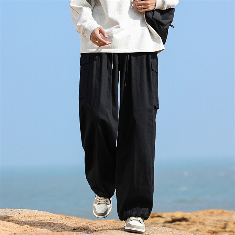 B225-海边-K2174-P63-X79--纯色口袋复古阔腿裤--全棉图片