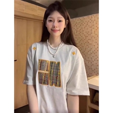 藏青色刺绣高级感情侣款重磅短袖T恤男女春夏季美式复古半袖上衣，男装T恤，星座506A