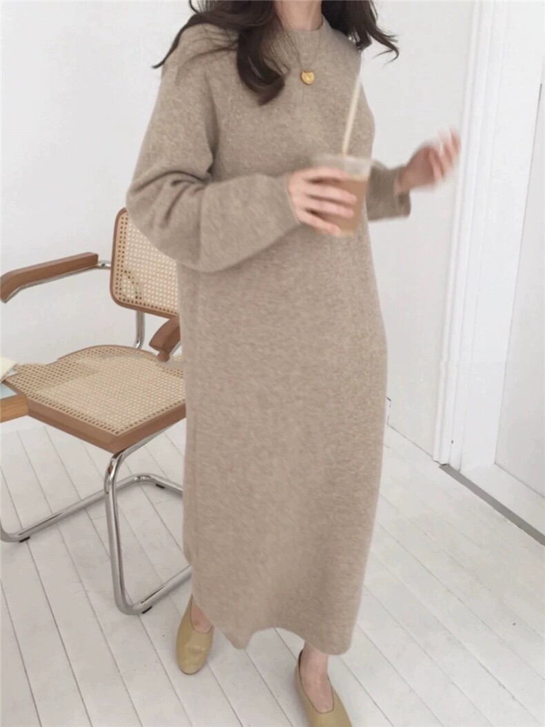 中长款圆领秋冬慵懒软糯休闲宽松保暖针织连衣裙,女装连衣裙,恩泰羊绒