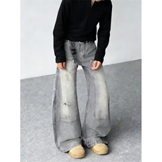 复古做旧破洞脏染弯刀裤宽松显瘦休闲潮牌男女拖地裤N03172-P60，男装休闲裤，星座308B-2