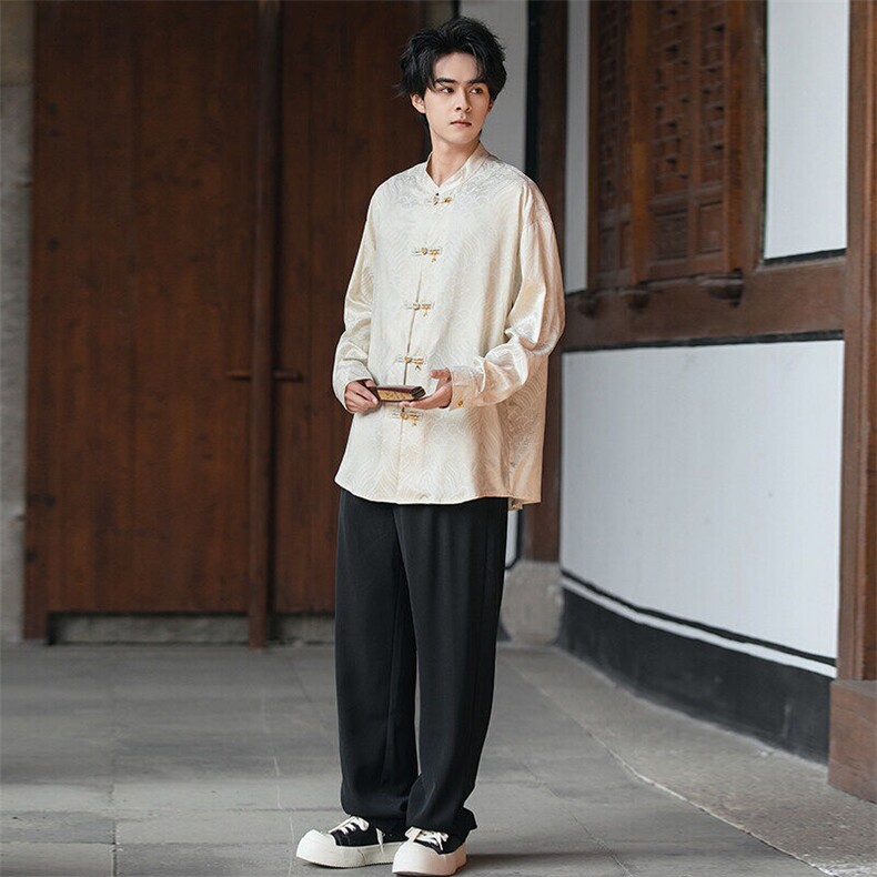 新中式缎面海水江崖（竹福）系列铜竹叶铜扣盘扣立领宽松长袖衬衫，男装衬衫，星座305A（原312A-1）