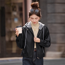 可拆卸针织连帽加绒加厚皮衣女2025冬季新款宽松休闲百搭pu皮棉衣，女装皮衣，英标秀（1C119）