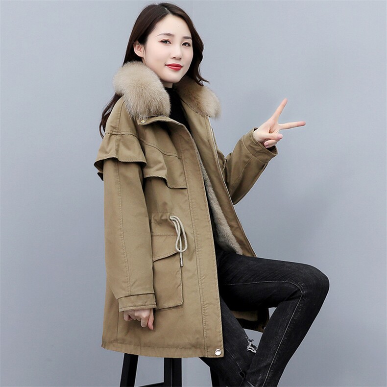 冬季修身长袖连帽百搭大真狐狸毛领加绒拉链收腰抽绳派克服女外套,女装短外套,微微衣阁