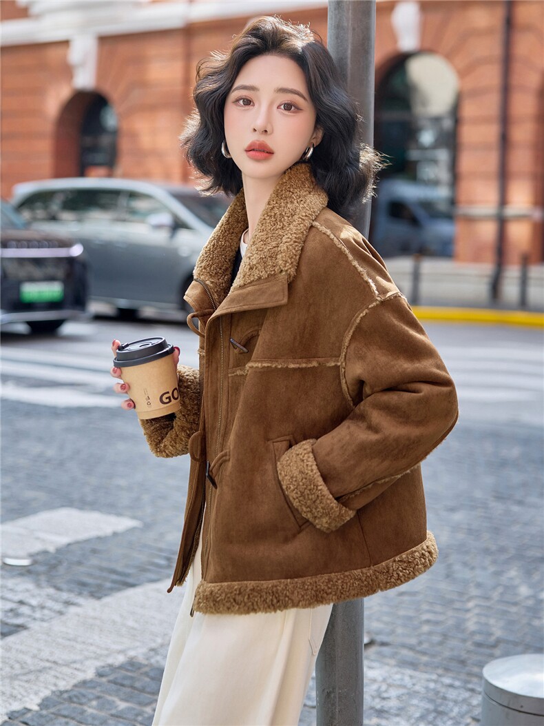2025年冬季新款时尚鹿皮绒皮毛一体知外套女,女装短外套,沁沁公主