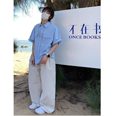 【有货】DC223-特批38蓝色翻领衬衫短袖纯棉男生夏季宽松衬衣，男装T恤，星座603-2