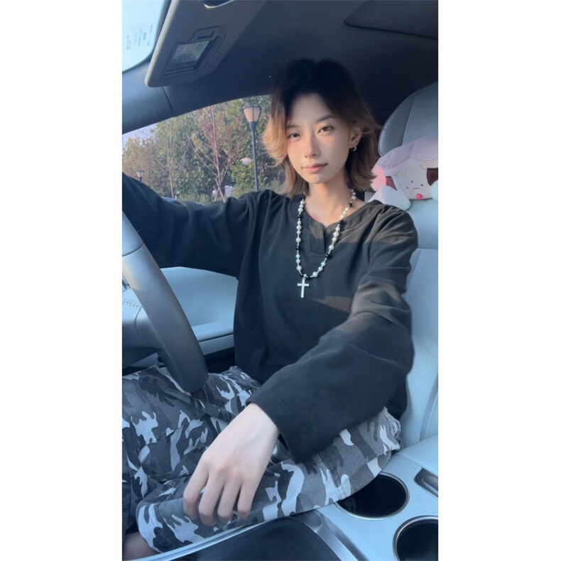 300克加厚德绒V领美式潮流冬季打底衫男士长袖T恤宽松慵懒风卫衣图片