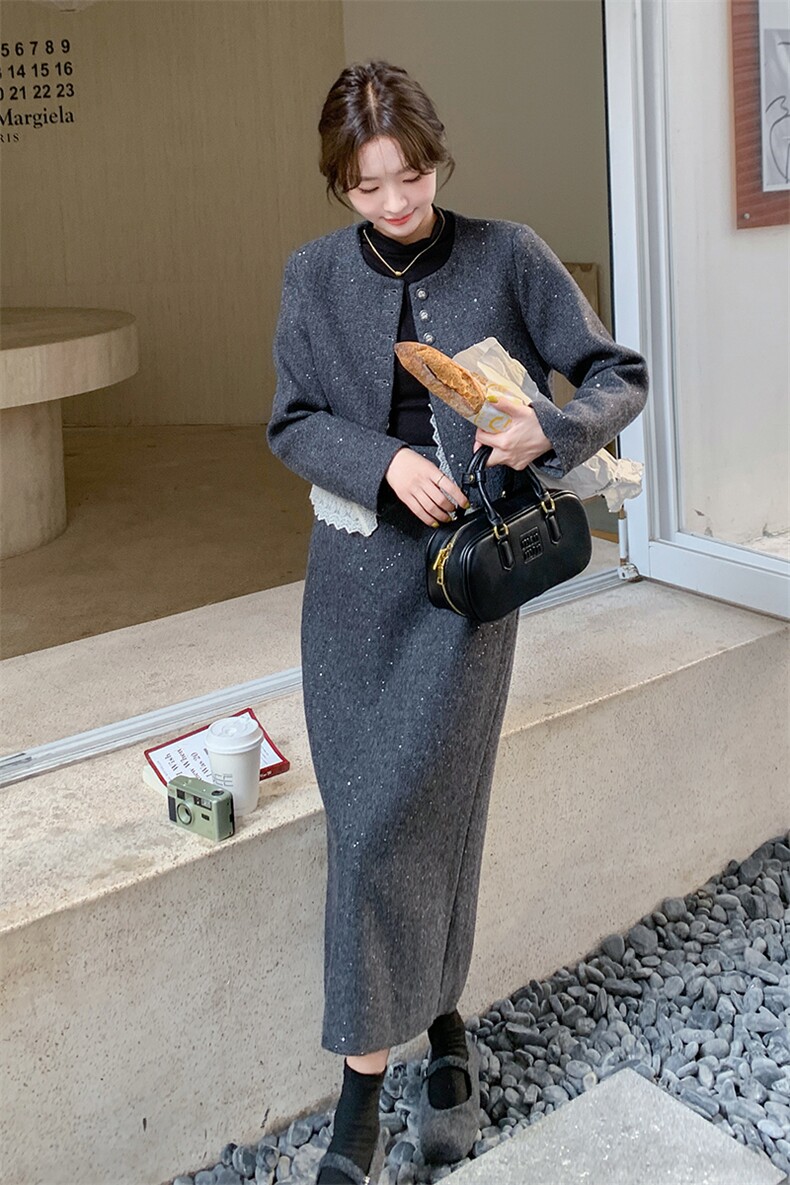 灰色小香风毛呢套装女2024秋冬新款高端名媛气质显瘦半身裙两件套,女装套装/套裙,2C317