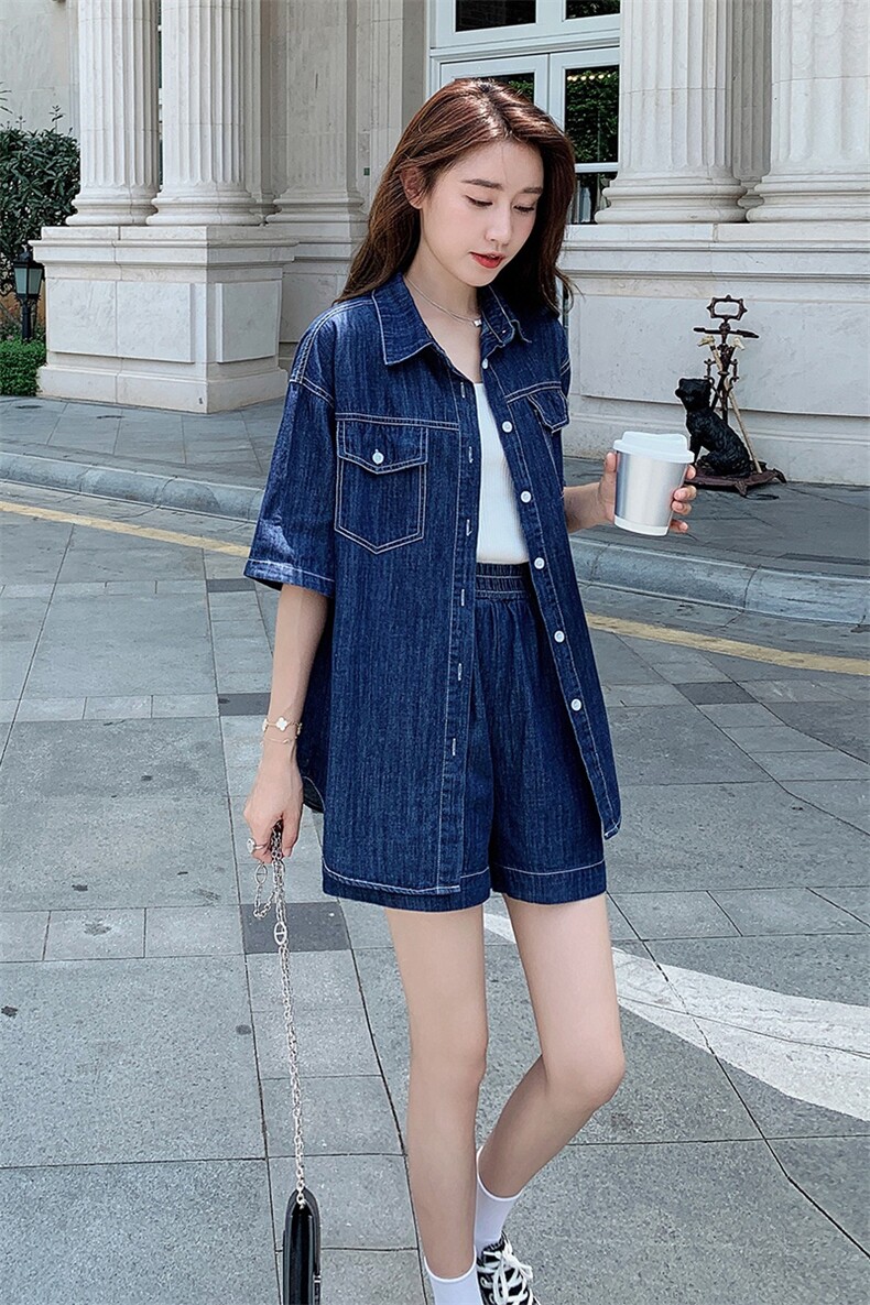 现货~！夏季薄款深蓝牛仔短袖短裤两件套套装女,女装套装/套裙,辉之琳