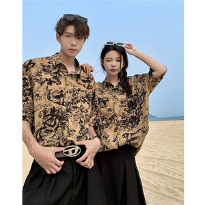 EQ406 夏威夷风夏季冰丝短袖衬衫情侣装短袖衬衣男女沙滩旅游风图片