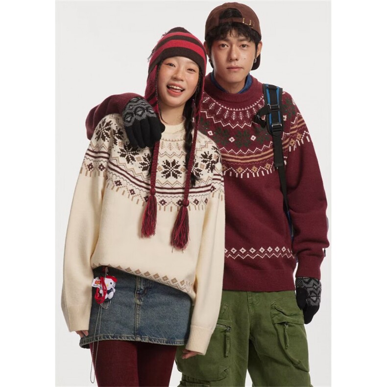 M506新款复古重磅费尔岛提花圆领针织衫男女宽松情侣休闲打底毛衣，男装T恤，星座308A-1（原309B-1）