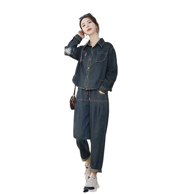 春季新款牛仔时尚两件套女显瘦修身气质外套+高腰阔腿裤套装,女装套装/套裙,秋水欣儿