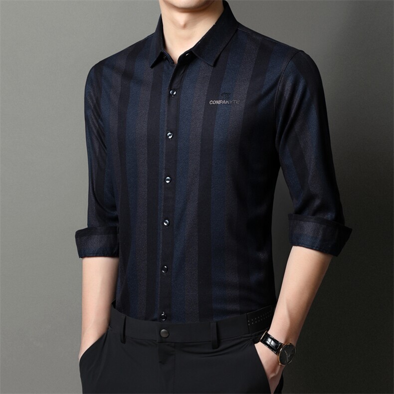 男士2023春秋新款长袖衬衣商务休闲格子舒适百搭潮流中年男装P58,男装衬衫,星座1105-3