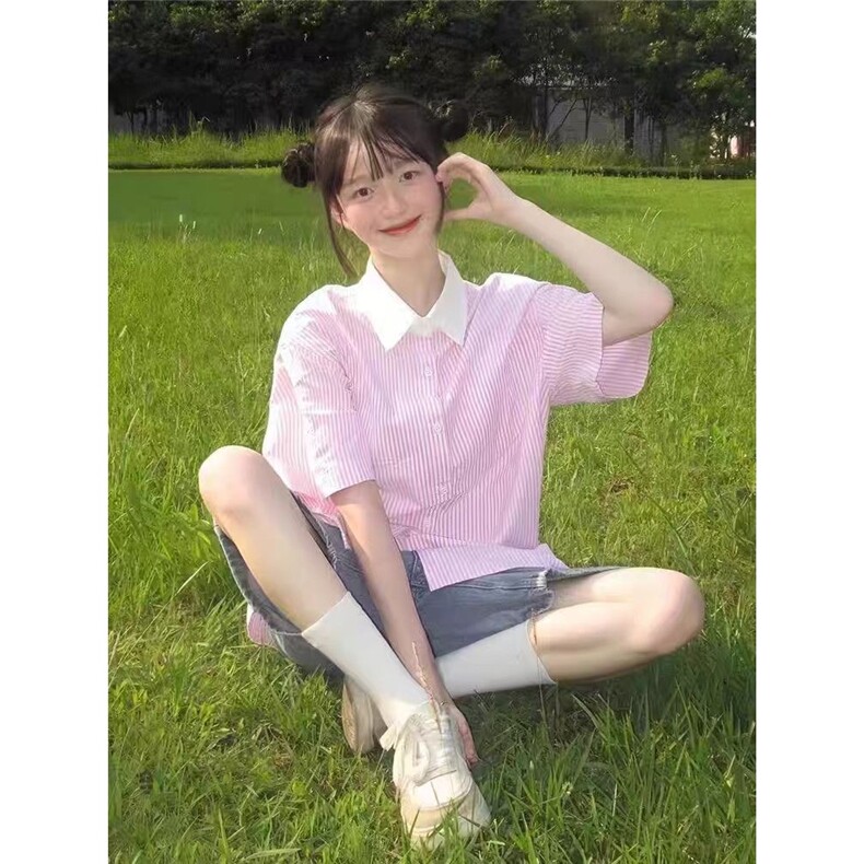 日系复古拼接粉色条纹短袖衬衫女学院风宽松百搭设计感小众衬衣潮,男装衬衫,星座1210-1