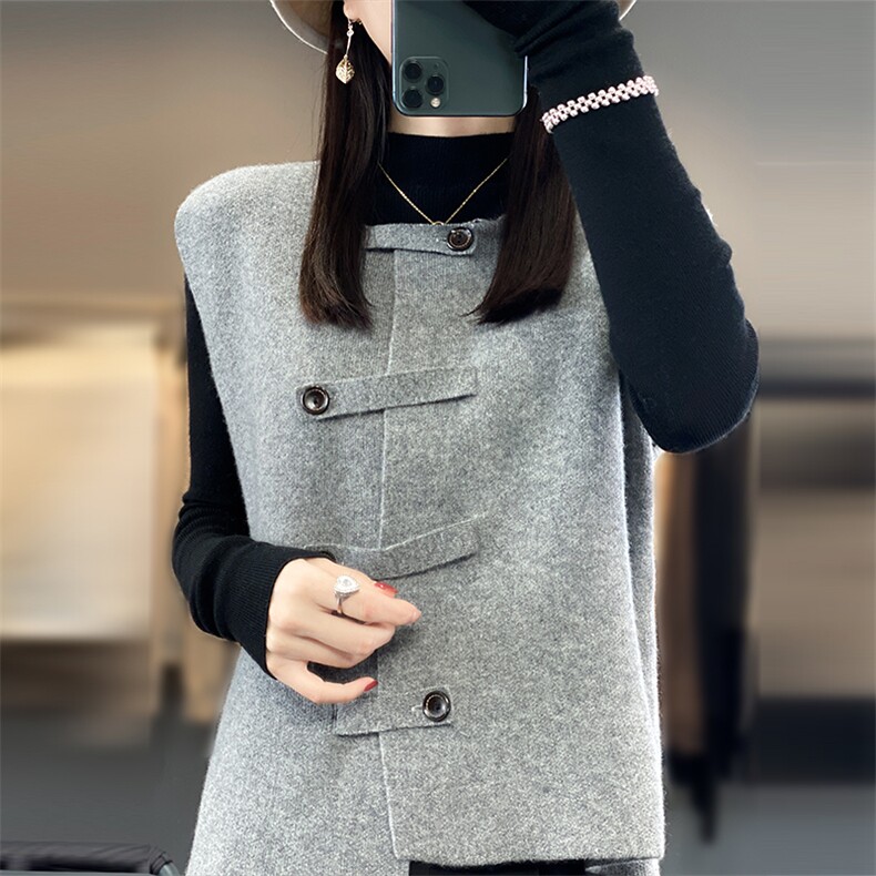 2024秋冬新款设计感不规则100%纯羊毛衫马甲女宽松羊绒衫背心坎肩,女装马甲,美雪羊绒