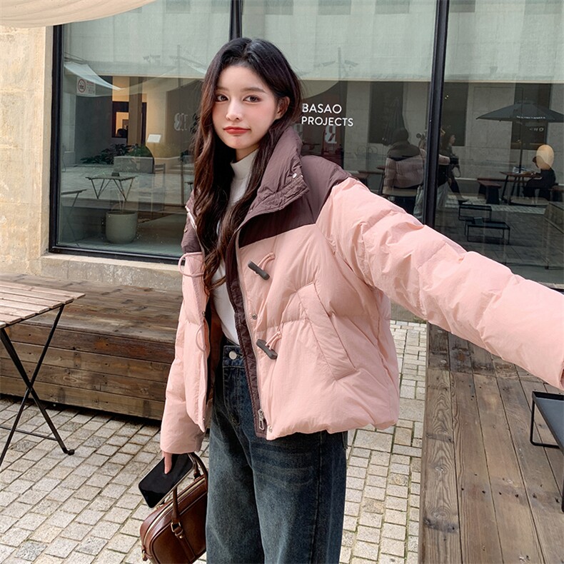 韩版时尚撞色立领加厚羽绒服女2025年冬季新款显瘦保暖白鸭绒外套,女装羽绒服,2C122
