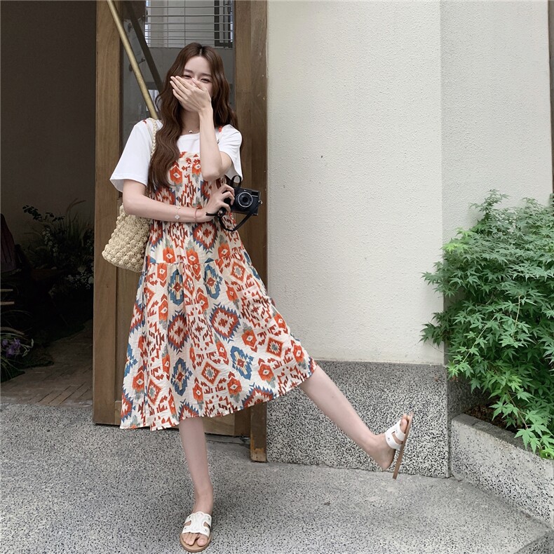 多巴胺印花假两件拼接连衣裙女2025夏季新款设计感甜美减龄A字裙,女装连衣裙,2C206