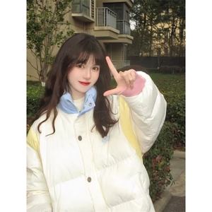 贴布拉链长袖醋纤通勤多巴胺撞色立领棉服外套樱桃刺绣文艺常规图片
