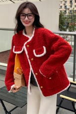 红色短款小香风羽绒服外套女2023冬季新款小个子皮毛一体毛绒上衣，女装短外套，2C085
