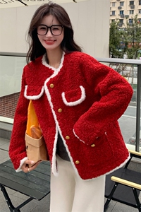红色短款小香风羽绒服外套女2023冬季新款小个子皮毛一体毛绒上衣图片
