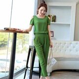时尚显瘦绿色露肩连体裤女夏季新款气质高腰阔腿裤套装，女装连体裤，贵人树