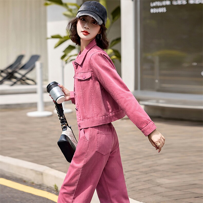 粉色欧货时尚牛仔套装女夏季高级感宽松潮流短外套直筒裤两件套潮，女装套装/套裙，跑量工厂店
