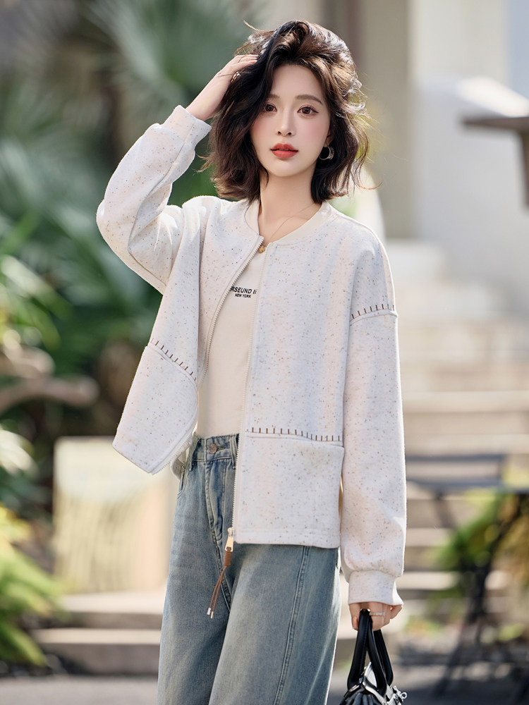 米白色休闲棒球服短外套女2025春秋新款宽松百搭圆领卫衣开衫上衣,女装短外套,梦懿尔