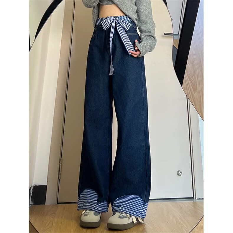 AK2388-p50韩系蝴蝶结系带拼接阔腿牛仔裤女春季垂感拖地裤图片